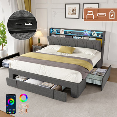 Matteo 4Ft6 Double Grey Upholstered Bed Frame With 3 Storage DrawersLed HeadboardUsb & Type-C Charging Ports & Concealed Storage from B&Q