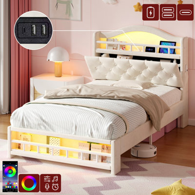Matteo 3Ft Single Beige Velvet Upholstered Bed Frame With LedUsb/type-C Charging & Diamond Tufted Storage Headboard from B&Q