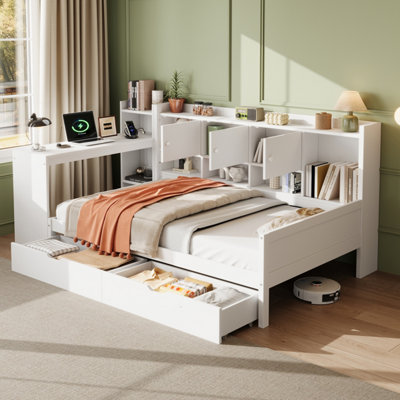 Matteo 3Ft Single Daybed With BookcaseStorage DrawersIntegrated Desk & Charging StationWhite Wood Frame from B&Q