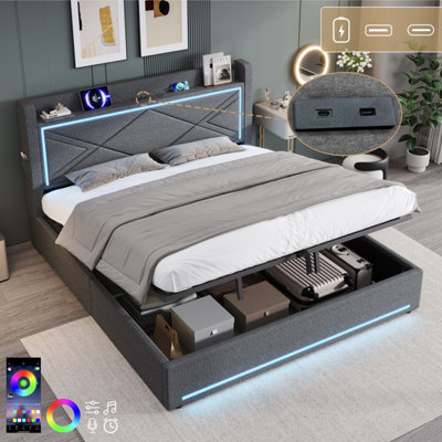 Matteo Super King Grey Linen Ottoman Bed Frame With Hydraulic StorageLed Lights & Usb Charging from B&Q