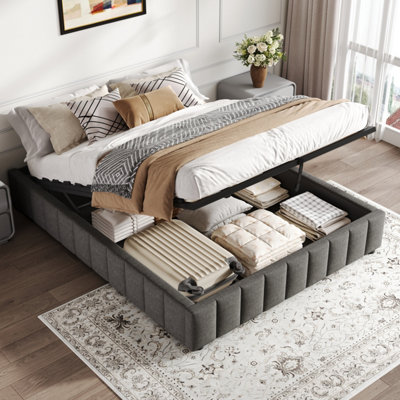Matteo 4Ft6 Double Ottoman Bed FrameGrey Linen UpholsteryHydraulic StorageNo Headboard & Easy Assembly from B&Q