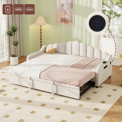Matteo Beige Velvet Daybed With Trundle & Charging Station3Ft Single Sofa Bed With Storage Pockets & Fluted Backrest from B&Q