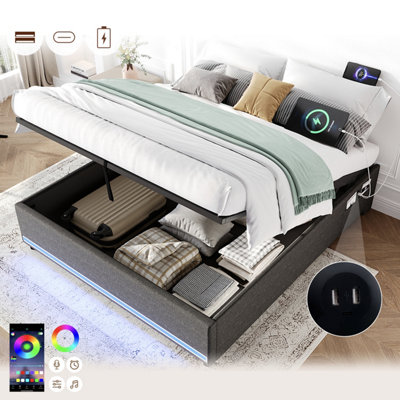 Matteo 5Ft King Grey Linen Hydraulic Ottoman Bed Frame With Smart Led Lights & Usb Charging StationNo Headboard Design from B&Q