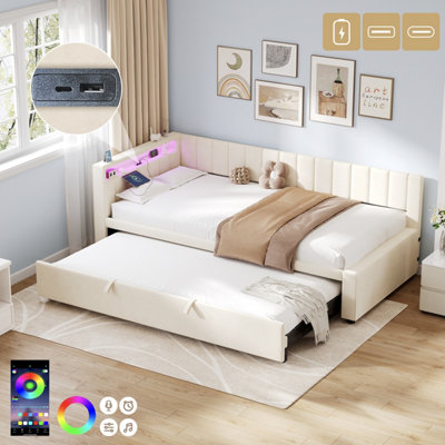 Matteo 3Ft Single Velvet Daybed With Pull-Out TrundleRgb Led & Charging StationBeige from B&Q