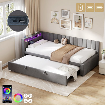 Matteo 3Ft Single Grey Velvet Daybed With Pull-Out TrundleRgb Led & Charging Station from B&Q