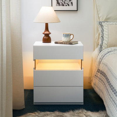 Matteo Modern White Led Nightstand With Acrylic Board & 3 DrawersBedside Table For Bedroom & Living Room from B&Q