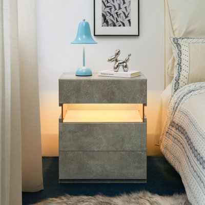 Matteo Grey Led Bedside Table With Acrylic Board & 3 DrawersModern Nightstand & End Table from B&Q