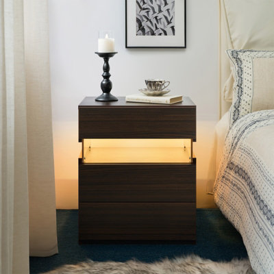 Matteo Led Nightstand3-Drawer Bedside Table With Acrylic Board & Rgb LightingWalnut Effect from B&Q