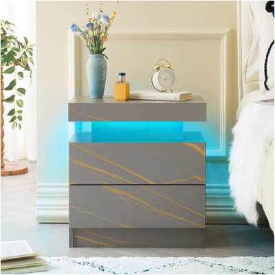 Matteo Modern Grey & Gold Led Bedside Table With 2 DrawersSmart Storage Nightstand For Bedroom from B&Q