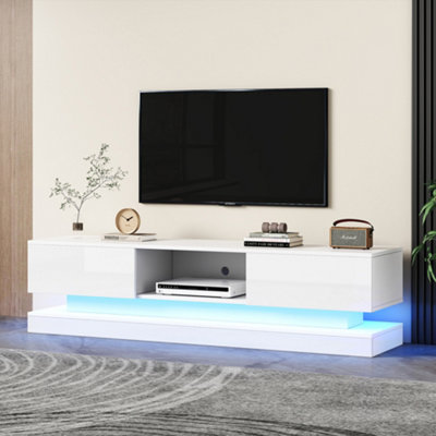 B&Q -  160Cm White High Gloss Tv Stand With Rgb Led Lights & 2 Drawers For 70-79 Inch Tvs