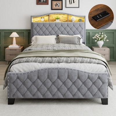 B&Q -  Grey Velvet Double Bed Frame With Integrated StorageLed Lights & Upholstered Headboard (4Ft6)