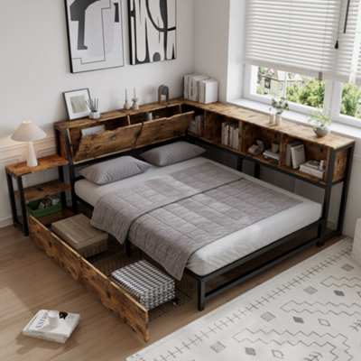 B&Q -  Rustic Brown Metal Double Bed 4Ft6 With 2 Storage Drawers Wrought Iron FrameEasy Assembly
