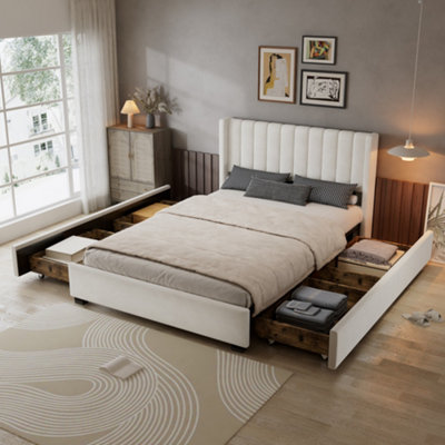 B&Q -  Beige Velvet Upholstered 4Ft6 Double Bed Frame With 4 Storage Drawers & Soft Backrest