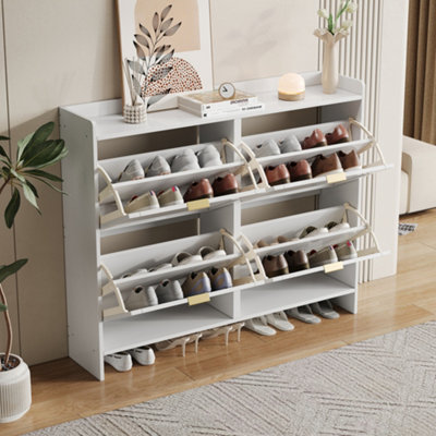B&Q -  Modern White Shoe Cabinet With 4 Flip Drawers & Open ShelvesFreestanding Hallway StorageW110Cm