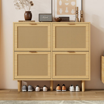 B&Q -  Rattan Shoe Storage CabinetLight Oak Effect With 4 Flip Drawers & Adjustable Shelves For Hallway & Entryway