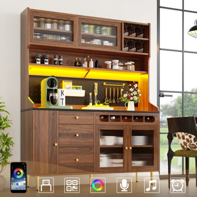B&Q -  Smart Walnut HighboardLed LightsAdjustable Shelves & Wine Rack. Tall Freestanding Cabinet For Kitchen/living/dining
