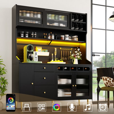 B&Q -  Black Freestanding Highboard Cabinet With Smart Led LightsAdjustable Shelves & Wine Rack