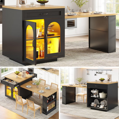 Matteo Extendable Kitchen Island With Rgb Led LightingBlack Mdf Countertop & Fluted Glass Doors2 Drawers & Adjustable Shelves from B&Q