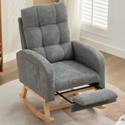 B&Q -  Grey Waffle Fabric Rocking Chair With Adjustable Footrest & Side Pockets For NurseryLiving Room & Bedroom