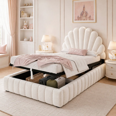 B&Q -  Princess Single Ottoman Bed Frame With Shell HeadboardBeige Velvet & Hydraulic Storage