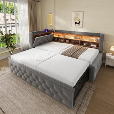 B&Q -  90X190Cm Velvet Pull-Out Sofa Day Bed Frame With StorageLed Lights & Usb/type-C Charging In Dark Grey