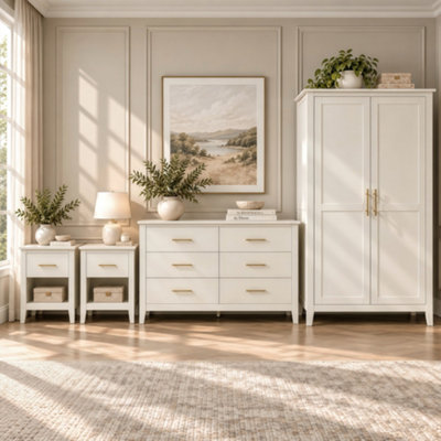 Matteo 4-Piece Bedroom Furniture Set - Wardrobe, 6-Drawer Chest & 2 Bedside Tables, Cream White