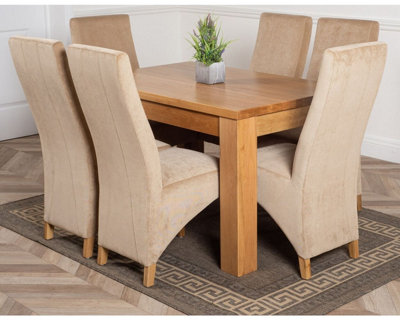 That's Furniture Dakota 127 X 82 Cm Chunky Oak Small Dining Table And 6 Chairs Dining Set With Lola Beige Fabric Chairs from B&Q