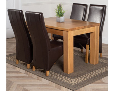 That's Furniture Dakota 127 X 82 Cm Chunky Oak Small Dining Table And 4 Chairs Dining Set With Lola Brown Leather Chairs from B&Q