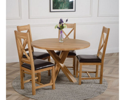 That's Furniture Oregon Round Oak Dining Table And 4 Chairs Dining Set With Berkeley Leather Chairs Brown