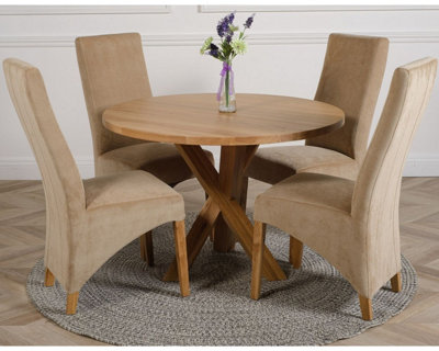 That's Furniture Oregon Round Oak Dining Table And 4 Chairs Dining Set With Lola Fabric Chairs Beige