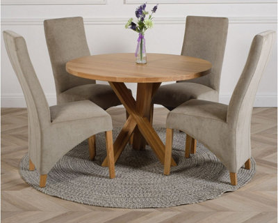 That's Furniture Oregon Round Oak Dining Table And 4 Chairs Dining Set With Lola Fabric Chairs Grey