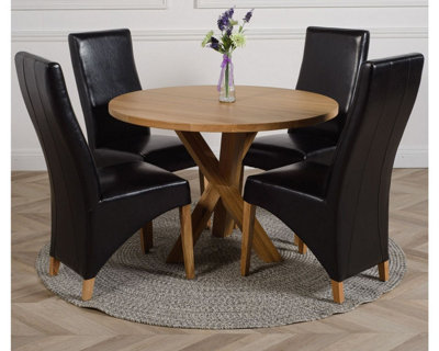 That's Furniture Oregon Round Oak Dining Table And 4 Chairs Dining Set With Lola Leather Chairs Black
