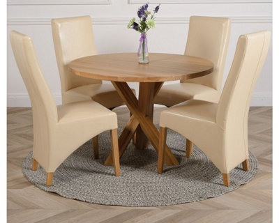 That's Furniture Oregon Round Oak Dining Table And 4 Chairs Dining Set With Lola Leather Chairs Ivory