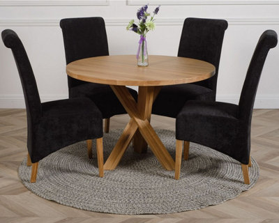 B&Q -  Oregon Round Oak Dining Table And 4 Chairs Dining Set With Montana Black Fabric Chairs