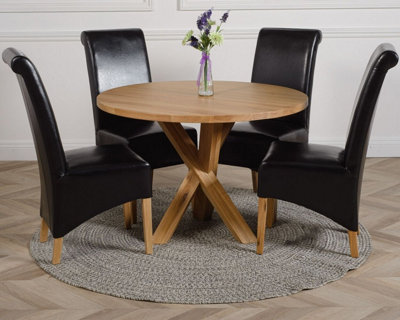 That's Furniture Oregon Round Oak Dining Table And 4 Chairs Dining Set With Montana Leather Chairs Black