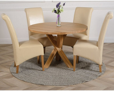 That's Furniture Oregon Round Oak Dining Table And 4 Chairs Dining Set With Montana Leather Chairs Ivory