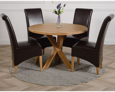 That's Furniture Oregon Round Oak Dining Table And 4 Chairs Dining Set With Montana Leather Chairs Brown