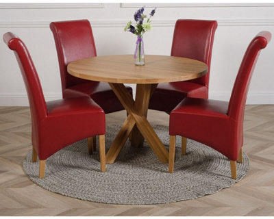 B&Q -  Oregon Round Oak Dining Table And 4 Chairs Dining Set With Montana Burgundy Leather Chairs