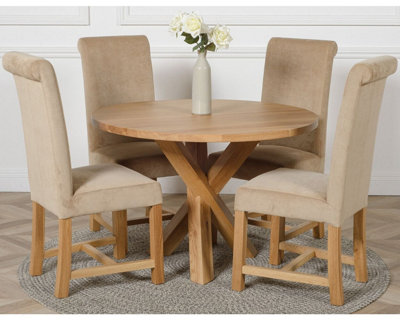 That's Furniture Oregon Round Oak Dining Table And 4 Chairs Dining Set With Washington Fabric Chairs Beige
