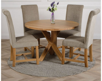 B&Q -  Oregon Round Oak Dining Table And 4 Chairs Dining Set With Washington Grey Fabric Chairs
