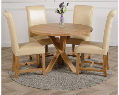 That's Furniture Oregon Round Oak Dining Table And 4 Chairs Dining Set With Washington Leather Chairs Ivory