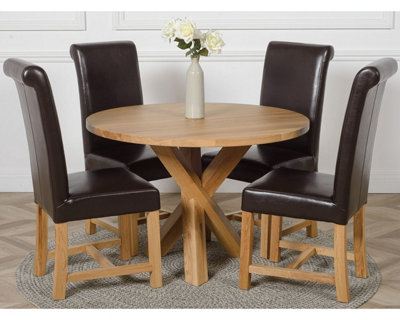 That's Furniture Oregon Round Oak Dining Table And 4 Chairs Dining Set With Washington Leather Chairs Brown