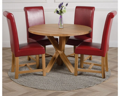 That's Furniture Oregon Round Oak Dining Table And 4 Chairs Dining Set With Washington Leather Chairs Burgundy