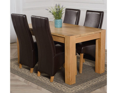 That's Furniture Kuba 150 X 85 Cm Chunky Medium Oak Dining Table And 4 Chairs Dining Set With Lola Brown Leather Chairs from B&Q
