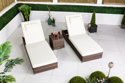 B&Q -  Giradino Brown Rattan Sun Loungers Set Of 2 With Side TableGarden Patio Furniture Sun Bed 6 PositionsCover Incl