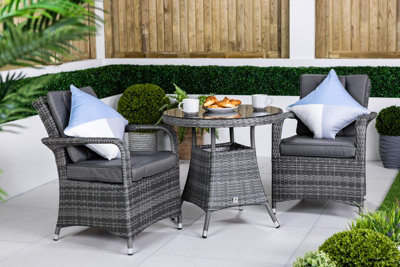 B&Q -  Arizona Round Rattan Garden Bistro Table And Chairs Set 2 Seater Patio Furniture SetGrey