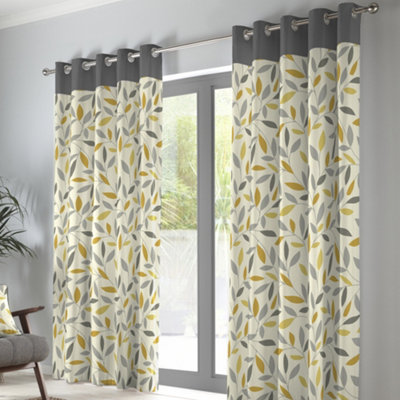 Fusion Beechwood Leaf Trail Pair Of 100% Cotton Eyelet Curtains Light