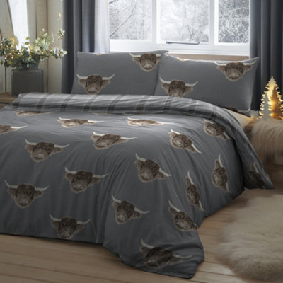 Fusion Light/Grey Highland Cow Print With Tartan Reverse Duvet Cover Set