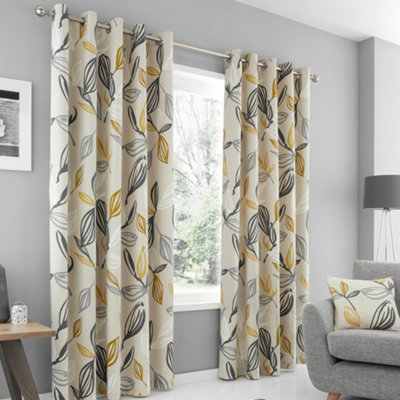 Fusion Ensley 100% Cotton Botanical Print Pair Of Eyelet Curtains Grey/Yellow