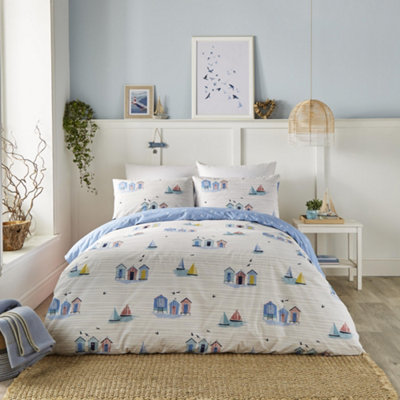 Fusion Beach Huts Summer Seaside Print Blue Duvet Cover Set from B&Q